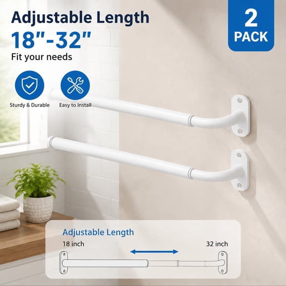 Adjustable French Door Curtain Rod 18"-32", 3/8" Diameter White Cafe Rods, Screw Mount Window & Door Curtain Hardware, 2 Pack