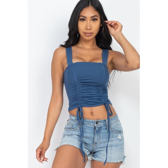 Adjustable Front Ruched With String Square Neck Crop Tops L