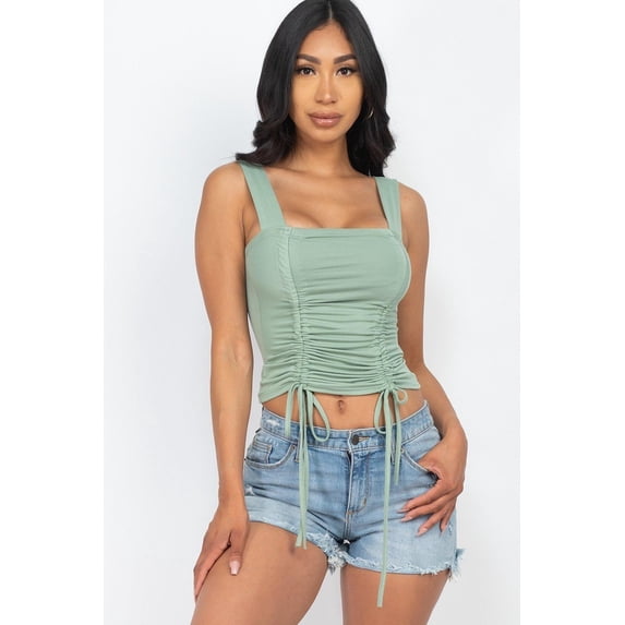 Adjustable Front Ruched With String Square Neck Crop Tops S