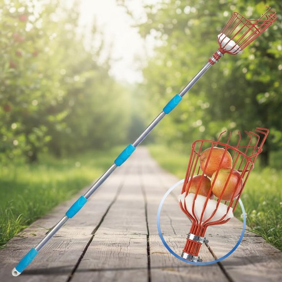 Adjustable Fruit Picker with Telescoping Handle and Basket for Apple, Orange, Avocado, Lemon, Pear, and Mango Harvesting