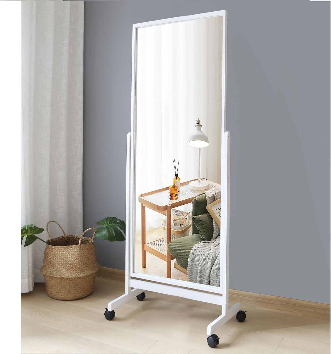 Adjustable Full Length Mirror on Wheels, Pine Wood Frame Cheval Bedroom