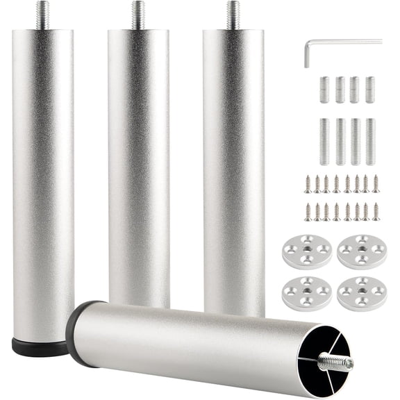 Adjustable Furniture Legs 8 Inch Silver Bed Support Legs Cylinder M8 Screw in Bathroom Cabinet Legs Risers Replacement Couch Metal Leg End Table Feet