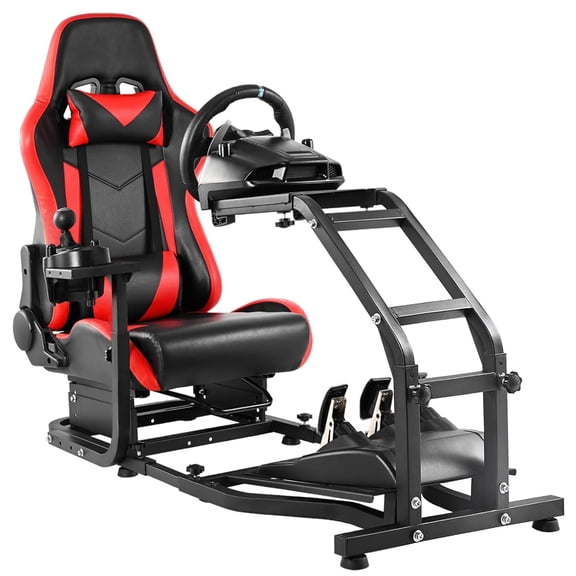Adjustable Gaming Sim Cockpit with Red Seat, Racing Wheel Stand for Gaming Use