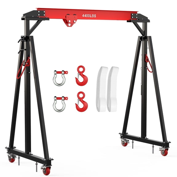 Adjustable Gantry Crane 2 Ton (4400 LBS) with Manual Trolley, Hook and Sling Strap, 12 Locking Positions (97" to 141") with Triangle Base, Portable I-Beam Hoist for Factory, Warehouse, Auto Repair