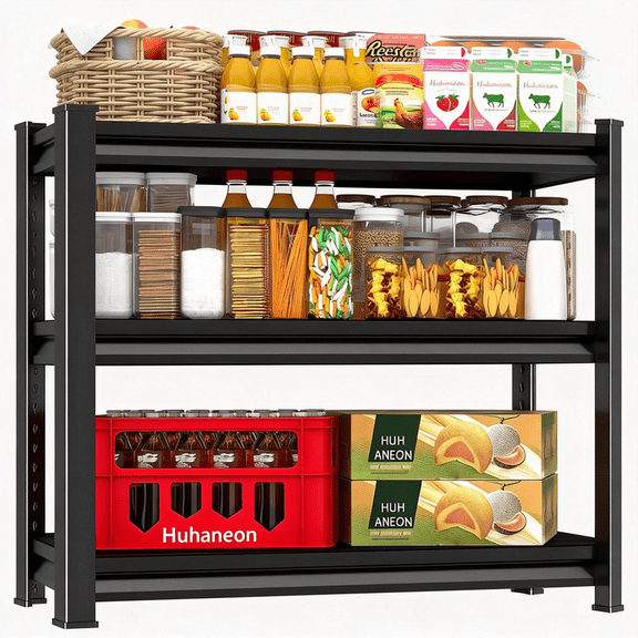 Adjustable Garage Shelving Unit, 3 Tier Metal Shelving Utility Shelf, 1200LBS Industrial Storage Shelves Rack for Warehouse Basement Kitchen Pantry Bathroom Laundry Shop Plant Shoes Book,Black