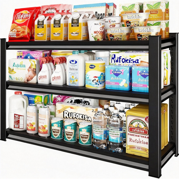 Adjustable Garage Shelving Unit, 3 Tier Metal Shelving Utility Shelf, 1200LBS Industrial Storage Shelves Rack for Warehouse Basement Kitchen Pantry Bathroom Laundry Shop Plant Shoes Book,Black