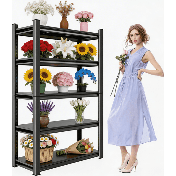 Adjustable Garage Shelving Unit, 5 Tier Metal Shelving Utility Shelf, 3000LBS Industrial Storage Shelves Rack for Warehouse Basement Kitchen Pantry Bathroom Laundry Shop Plant Shoes Book,Black