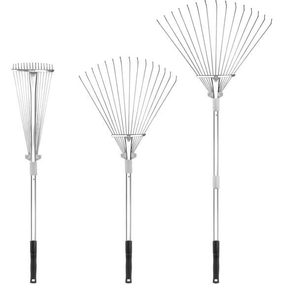 Adjustable Garden Leaf Rake - 24 to 63 Inch Telescopic Metal Expandable Folding Leaves Rake, Rakes for Leaves, Yard Lawn Yard, Flowers Beds, Sliver
