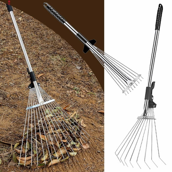 Adjustable Garden Leaf Rake with Telescoping Handle, Metal 9-Tine Yard Rake for Lawns, Leaves, Grass and Debris, Lightweight Tool for Easy Storage