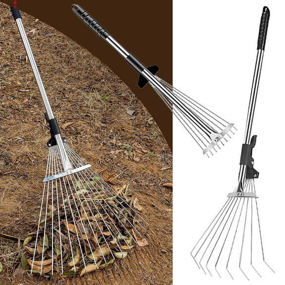 Adjustable Garden Leaf Rake with Telescoping Handle, Metal 9-Tine Yard Rake for Lawns, Leaves, Grass and Debris, Lightweight Tool for Easy Storage