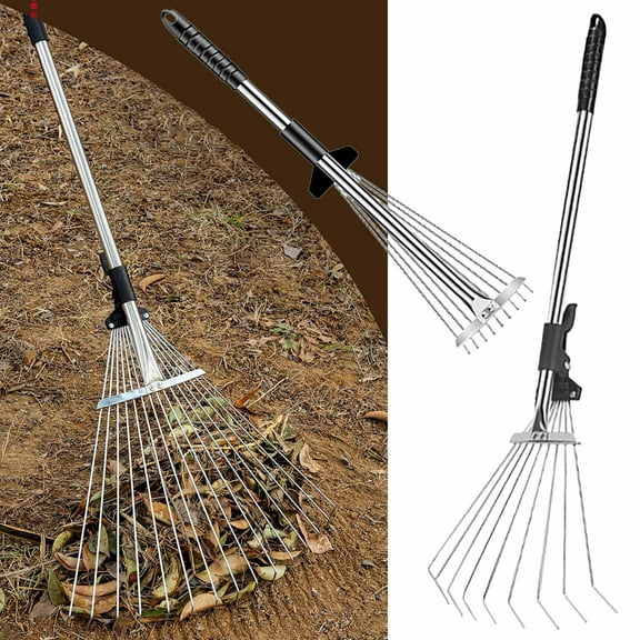 Adjustable Garden Rake for Leaves & Debris | 9 Metal Teeth, Telescopic Aluminum Handle 21-27" | Lightweight, Rustproof Yard Tool for Lawns, Flower Beds, Easy Storage & Carrying