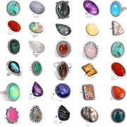 All Adjustable Gemstone Silver Rings - 10 Pcs - Women Silver Plated Statement Wholesale Jewelry Set Chunky Silver Rings Pack Handmade Gothic Vintage Rings