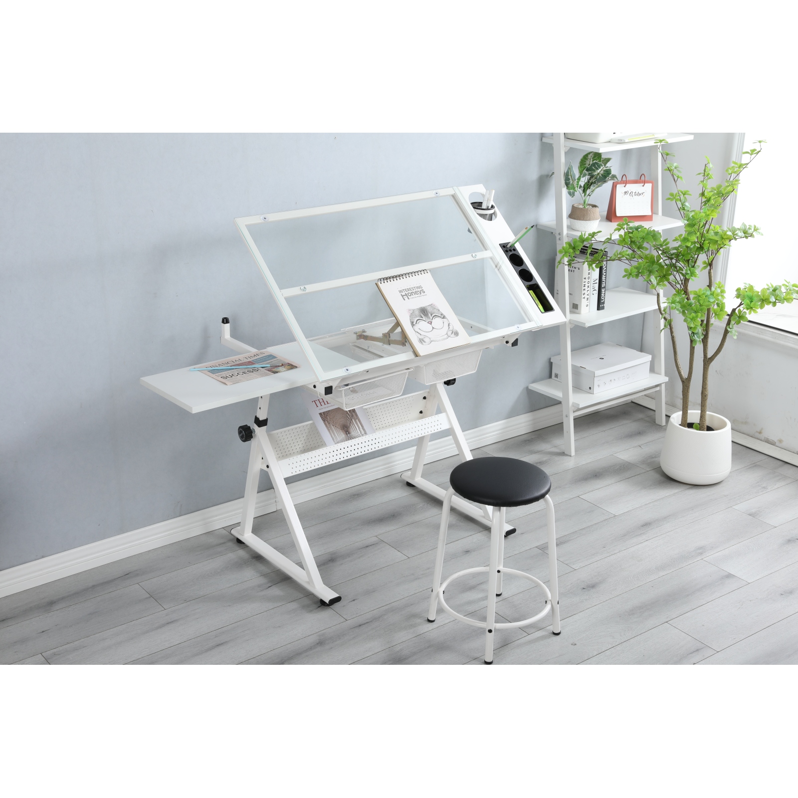 Adjustable Glass Drafting Table with Chair in White, Artist Workstation