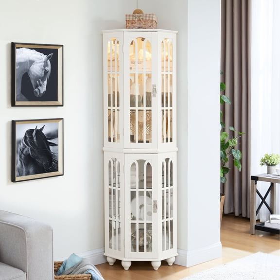 Adjustable Glass Shelves, Solid Wood Legs / Easy Assembly, Display Collectibles