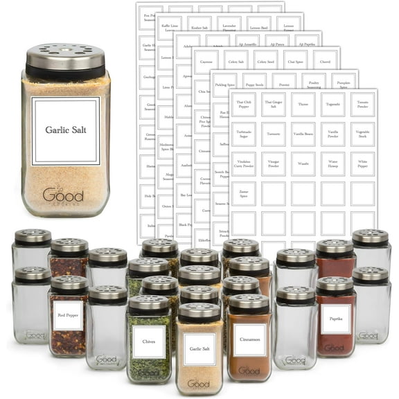 Adjustable Glass Spice Jars (Set of 24) w Preprinted Labels- 240 Stickers Includes 24 Blanks- Removable Decals- Seasoning Shaker for Salt Pepper Paprika, Cayenne - Use for Cooking Rubs, Baking Needs