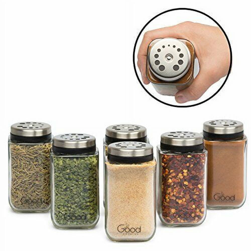 Adjustable Glass Spice Jars- Set of 6 Sleek Seasoning Shaker Rub Container  Tins with 6 Pouring Sizes