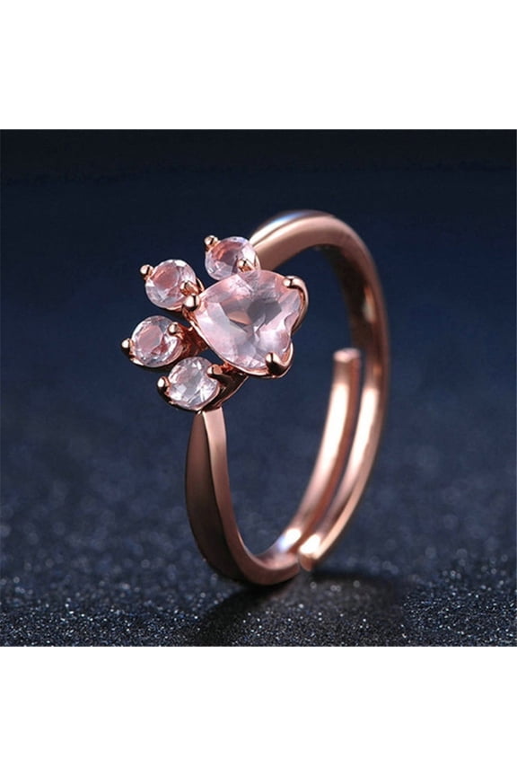 Adjustable Golden Cat Paw Print Ring with Inlaid Zircon Copper Rhinestone for Women Fashion Jewelry, Adjustable Opening