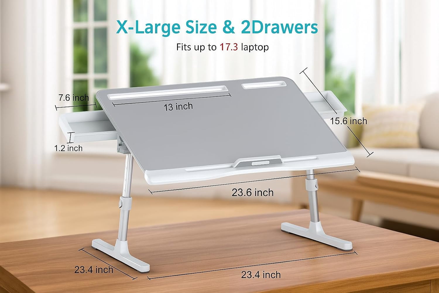 Adjustable Gray Extra Large Lap Desk, Foldable Laptop Table with 2 Drawers, Portable Lap Stand for Bed Sofa Office