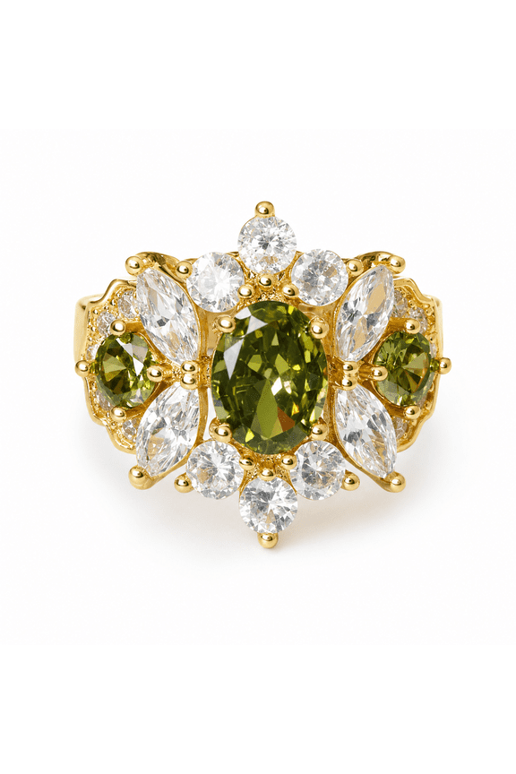 Adjustable Green CZ Ring for Women, Gold Tone Copper Cluster Ring