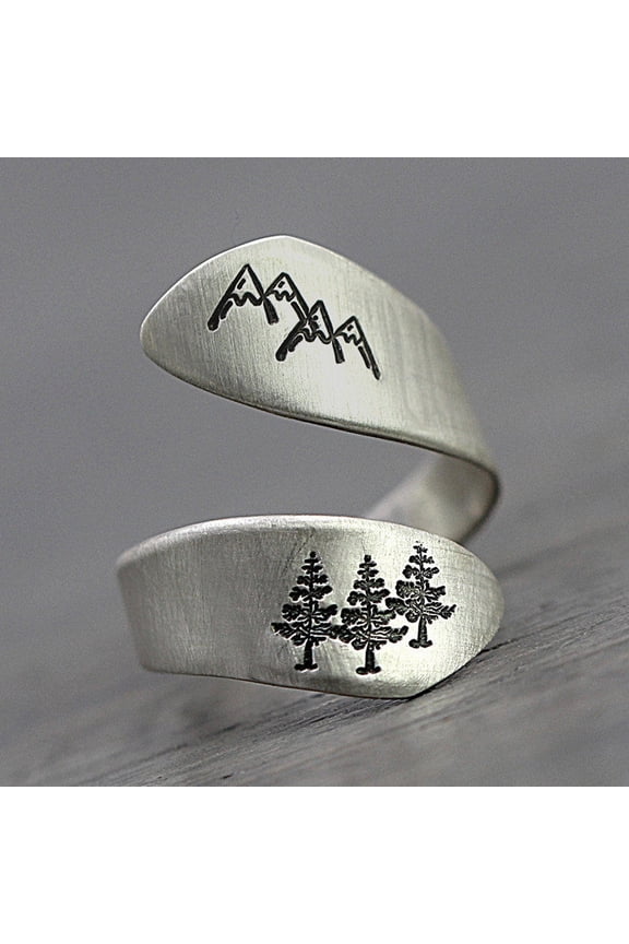 Adjustable Green Forest Mountain Peak Landscape Ring, Simple Retro Copper Opening Ring, Unisex, Individually Packed, Perfect for Travel Commemorative Festival Gifts
