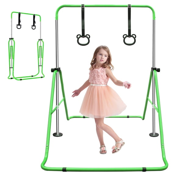 Adjustable Green Gymnastics Bar with Folding Design, 5 Height Levels, Supports Up to 140 Lbs, for Home Training