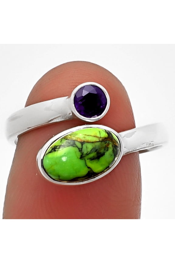 Adjustable - Green Matrix Turquoise & Amethyst 925 Silver Ring s.7.5 R-1205 SDR209767