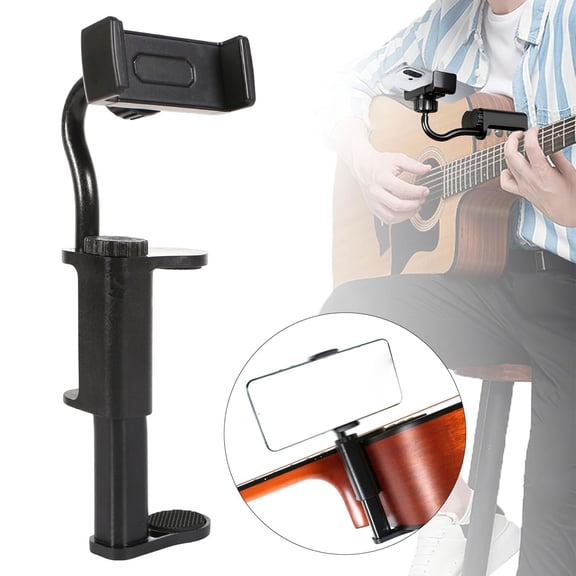 Adjustable Guitar Phone Holder, 360° Rotating Mount for Smartphones, Secure Clip for Acoustic/Electric Guitar, Bass, Ukulele, for Musicians & Recording, Black, By Preplabs