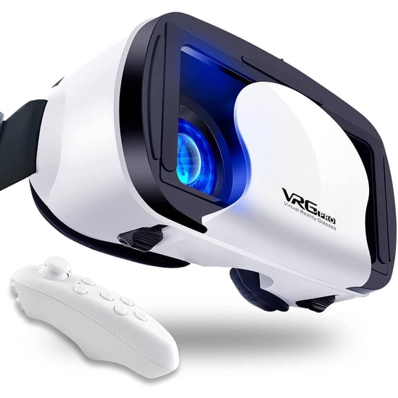 Adjustable HD Virtual Reality Headset with Controller, Eye Protection 3D VR Glasses Compatible with 5 to 7 Inch iOS & Android Smartphones (white)