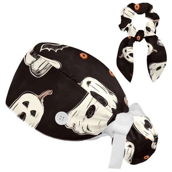 Adjustable Halloween Scrub Cap, Working Hat Hair Cover with Ponytail Pouch, Soft Bouffant Surgical Nurse Cap