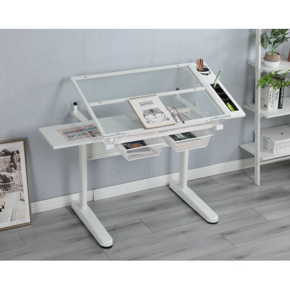 Adjustable Hand Crank Drafting Table Metal Drawers & Stool Tiltable Glass Top Height Adjustment System Drawing Desk and Angle Adjustment