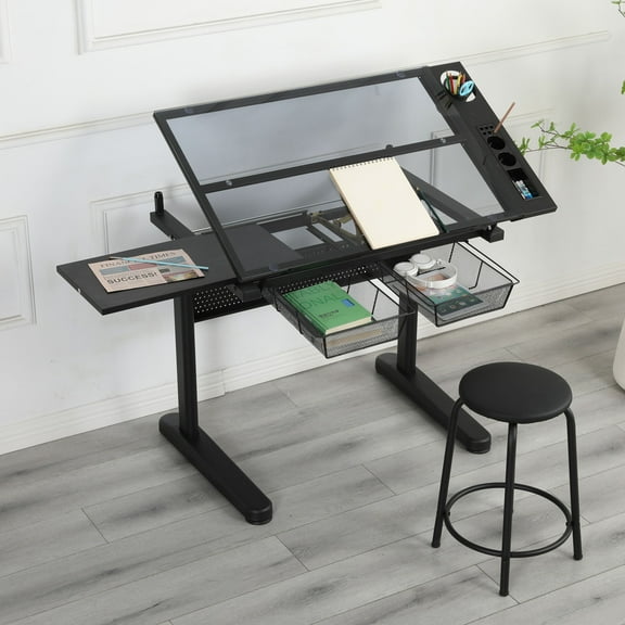 Adjustable Hand Crank Drafting Table Metal Drawers & Stool Tiltable Glass Top Height Adjustment System Drawing Desk and Angle Adjustment