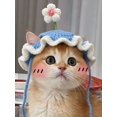 thumbnail image 1 of Adjustable Hand Crochet Flower Pet Hat Ruffled Brim Knitted Headwear, Lovely Photo Prop Costume for Kittens Small Puppies, 1 of 5