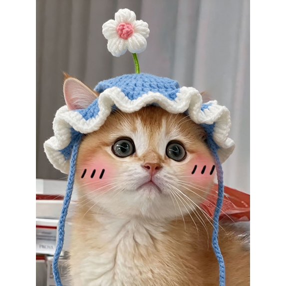Adjustable Hand Crochet Flower Pet Hat Ruffled Brim Knitted Headwear, Lovely Photo Prop Costume for Kittens Small Puppies