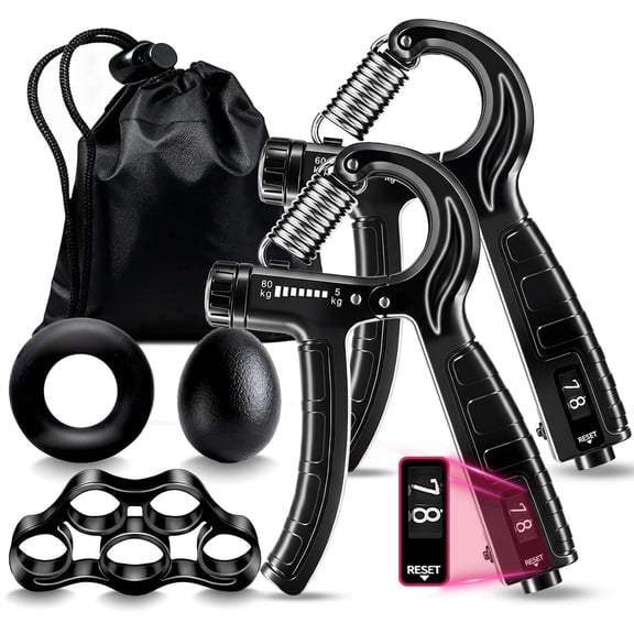BOGYKIK 5-in-1 Hand Grip Strengthener Kit with Counter, 11-132LBS Adjustable Resistance, Finger Exerciser, Grip Ring & Stress Ball for Forearm, Finger & Wrist Strength Training
