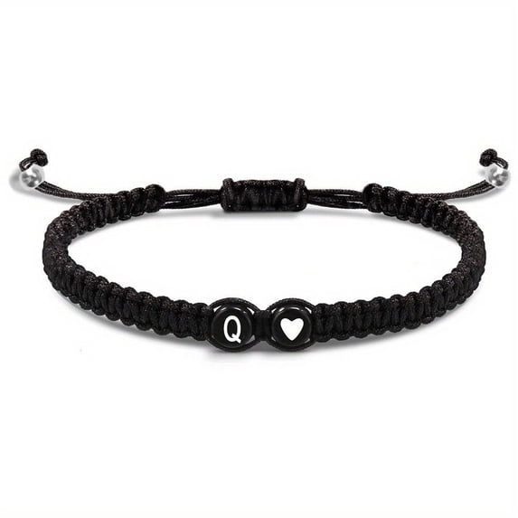 Adjustable Handmade Black Wax Rope Bracelet with 26 Initial Letters A-Z for Couples and Individuals