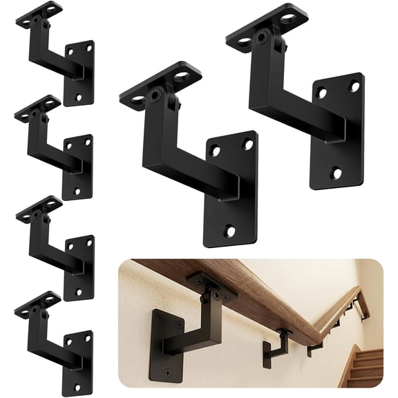 Adjustable Handrail Bracket 6 Pack, Heavy Duty Matte Black Stair Railing Brackets with 3-Hole Triangle Support, 270 Swivel Modern Wall Mount Hand Rail Support for Flat Wood or Steel Railings