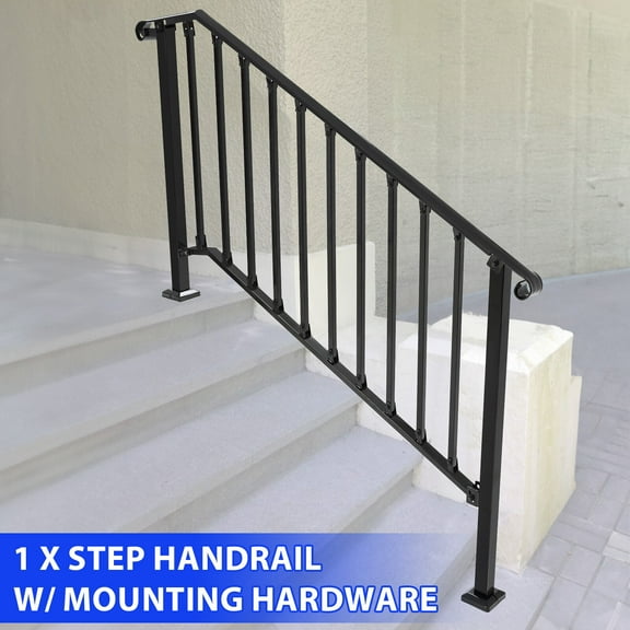 Adjustable Handrail Fit 4 or 5 Steps Stair Railing Hand Rail Outdoor Steel Black