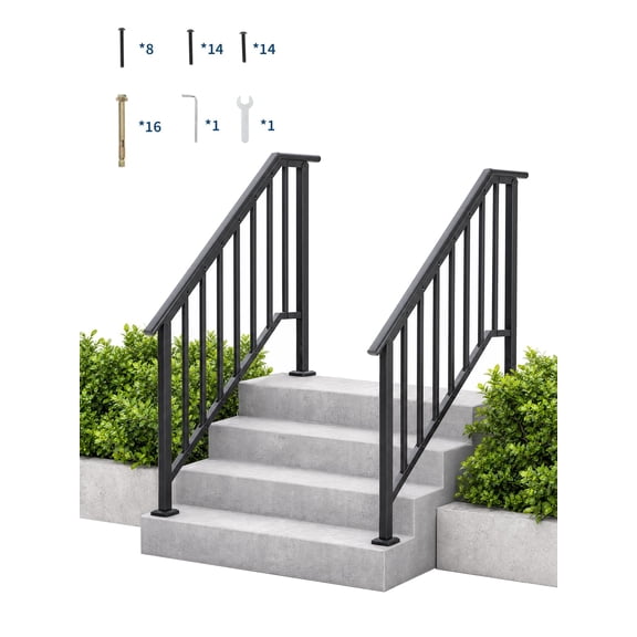 Adjustable Handrails for Outdoor Steps, Adjustable Stair Handrail Kit Fit 1 to 4 Steps Outdoor Stair Railing, Transitional Wrought Iron Handrails with Balusters for Porch/Deck/Wooden Steps