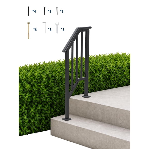 Adjustable Handrails for Outdoor Steps, Adjustable Stair Handrail Kit Fit 1 to 4 Steps Outdoor Stair Railing, Transitional Wrought Iron Handrails with Balusters for Porch/Deck/Wooden Steps