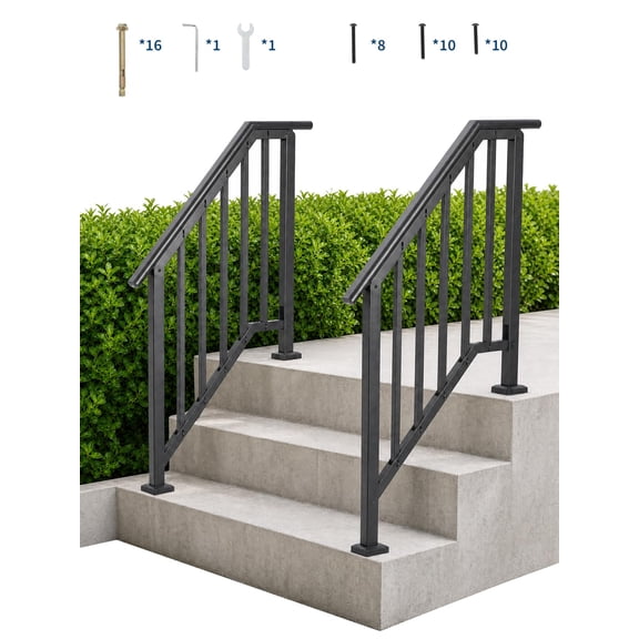 Adjustable Handrails for Outdoor Steps, Adjustable Stair Handrail Kit Fit 1 to 4 Steps Outdoor Stair Railing, Transitional Wrought Iron Handrails with Balusters for Porch/Deck/Wooden Steps