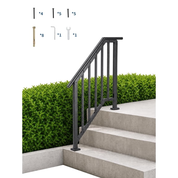 Adjustable Handrails for Outdoor Steps, Adjustable Stair Handrail Kit Fit 1 to 4 Steps Outdoor Stair Railing, Transitional Wrought Iron Handrails with Balusters for Porch/Deck/Wooden Steps