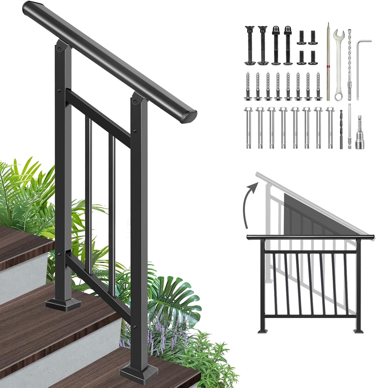 Adjustable Handrails for Outdoor Steps – White Metal Stair Railing with ...