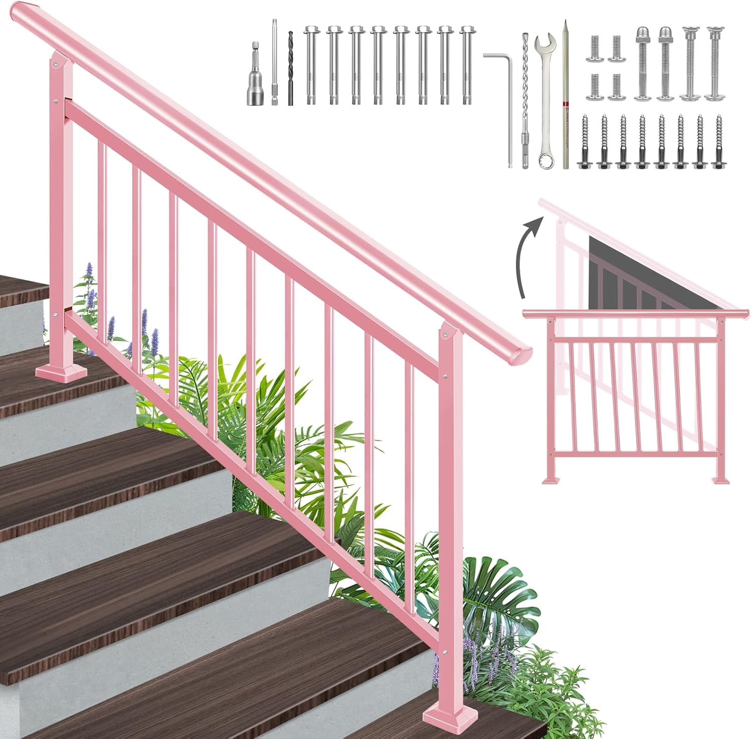 Stair Railing Assembly Adjustable Handrails for Outdoor Steps – White Metal Stair Railing with ...