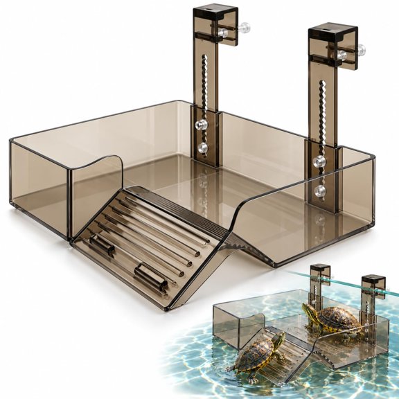 Adjustable Hanging Acrylic Turtle Basking Platform for Tank, Elevated Turtle Basking Deck with Ramp, Adjustable Clear Hanging Platform for High-Water Aquariums & High Water Level Tanks