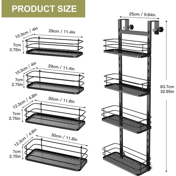 Adjustable Hanging Over the Shower Door Caddy, 4 Tier, Matt Black