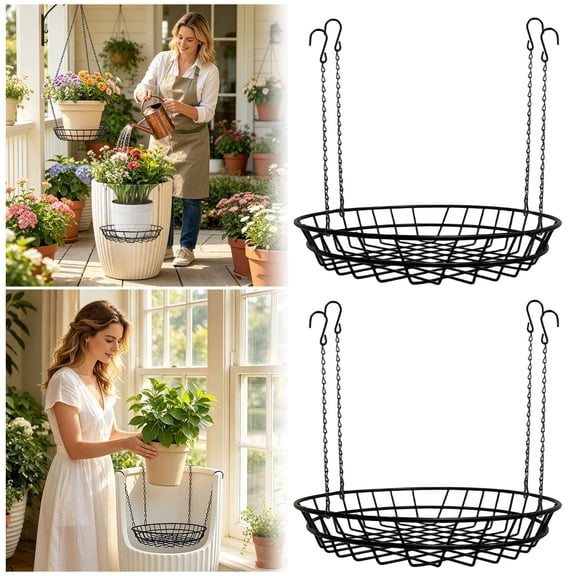 Adjustable Hanging Plant Basket Stand – 2 Pack Metal Elevated Planter Holder with Chains and Hooks – Heavy Duty Grid Tray for Indoor Garden Vines and Large Pot