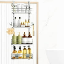 Adjustable Hanging Over the Shower Door Caddy,Bathroom Organizer Shelf Storage with 4 Hooks for Razor,No Drilling Rustproof Shower Rack Basket, 4 Tier, Silver