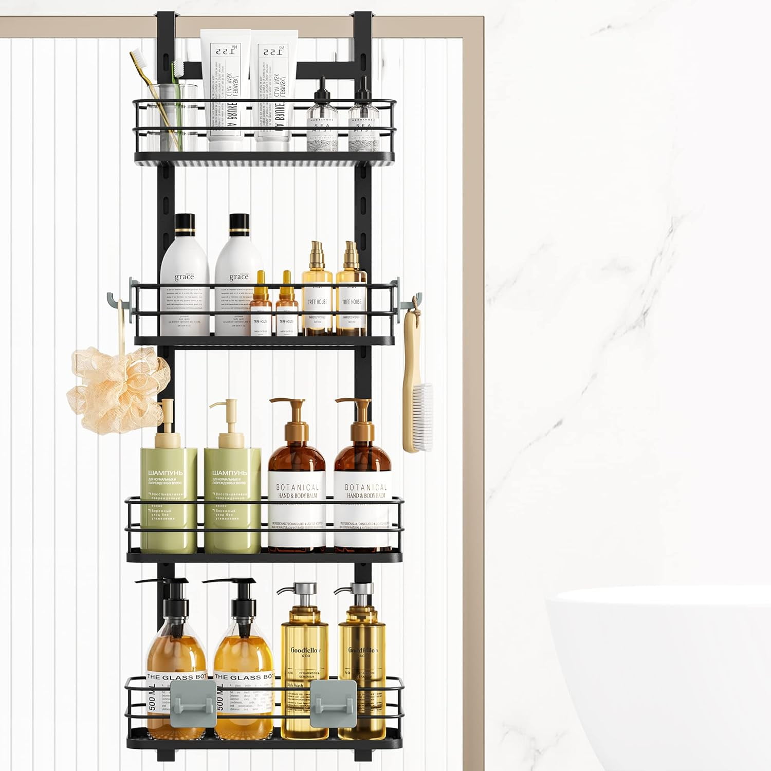 Adjustable Hanging Over the Shower Door Caddy with Hooks, Bathroom ...