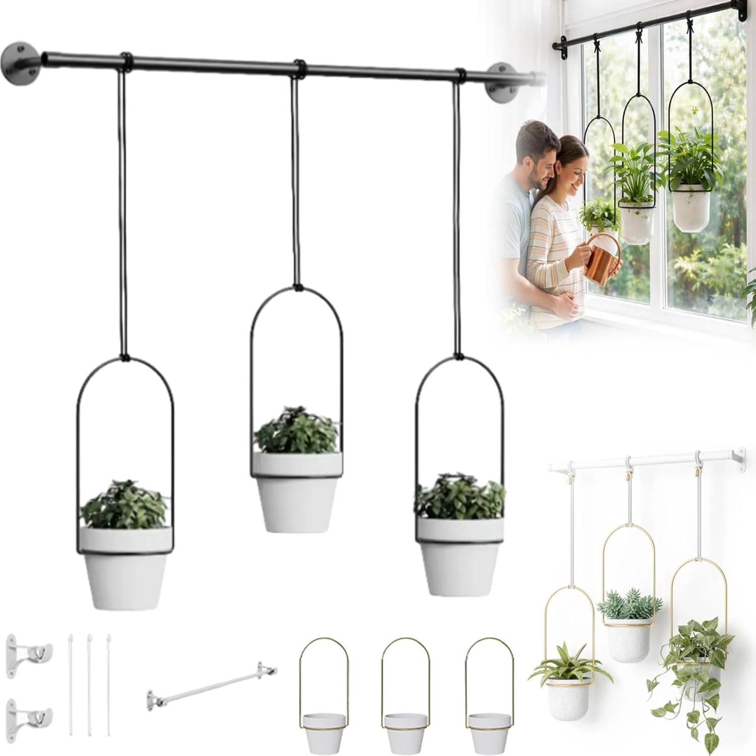 Adjustable Hanging Window Planter Set – Metal Rod Plant Hanger with 3 Pots for Indoor & Outdoor Green Display, Window Plant Pot Set, Adjustable Sill Plant Rack, for Garden, Kitchen, Living (Black)