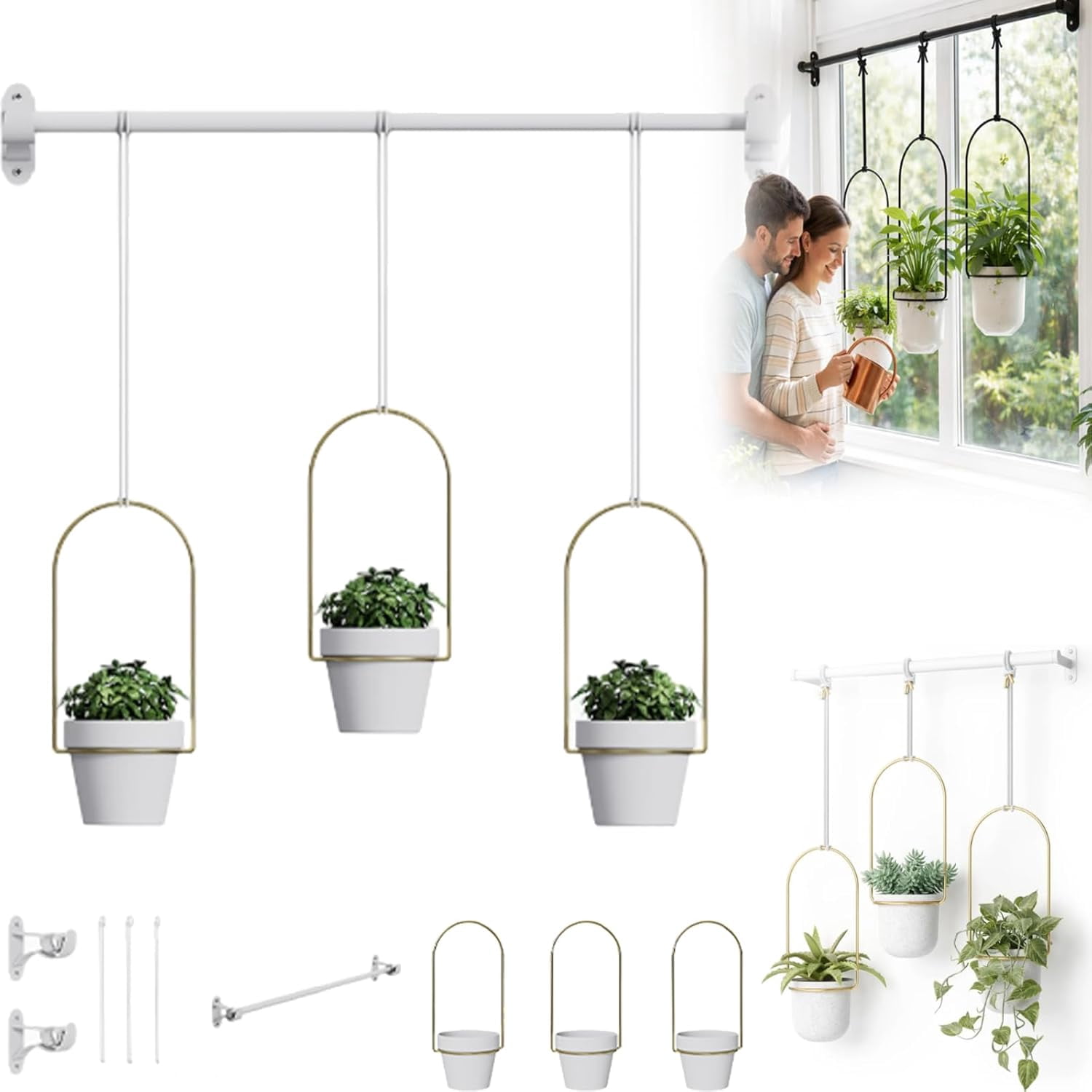 Adjustable Hanging Window Planter Set – Metal Rod Plant Hanger with 3 Pots for Indoor & Outdoor Green Display, Window Plant Pot Set, Adjustable Sill Plant Rack, for Garden, Kitchen, Living (White)